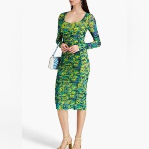 New! GANNI‎ Ruched floral printed stretch-mesh midi dress